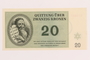 Theresienstadt ghetto-labor camp scrip, 20 kronen note, acquired by a Jewish refugee