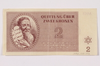 1990.110.2 front
Theresienstadt ghetto-labor camp scrip, 2 kronen note

Click to enlarge