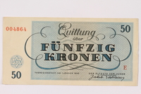 1990.110.6 back
Theresienstadt ghetto-labor camp scrip, 50 kronen note

Click to enlarge