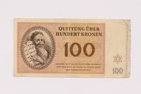 1990.110.7 front
Theresienstadt ghetto-labor camp scrip, 100 kronen note

Click to enlarge