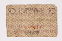 1990.16.39 back
Łódź ghetto scrip, 50 pfennig note

Click to enlarge