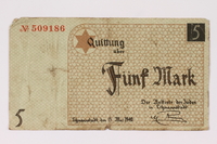 1990.16.50 front
Łódź ghetto scrip, 5 mark note

Click to enlarge