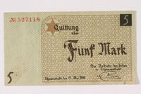 1990.16.52 front
Łódź ghetto scrip, 5 mark note

Click to enlarge