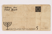 1990.16.55 back
Łódź ghetto scrip, 5 mark note

Click to enlarge