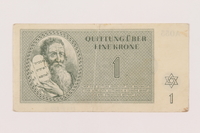 1999.121.1 front
Theresienstadt ghetto-labor camp scrip, 1 krone note

Click to enlarge