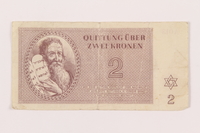 1999.121.12 front
Theresienstadt ghetto-labor camp scrip, 2 kronen note

Click to enlarge
