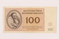 1999.121.27 front
Theresienstadt ghetto-labor camp scrip, 100 kronen note

Click to enlarge