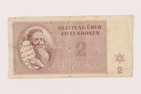 1999.121.9 front
Theresienstadt ghetto-labor camp scrip, 2 kronen note

Click to enlarge