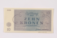 1990.19.3 back
Theresienstadt ghetto-labor camp scrip, 10 kronen note

Click to enlarge