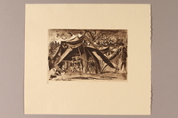 1990.242.6 front
Albert Dov Sigal monochrome sepia etching of people in a detention camp tent created from a drawing done during his imprisonment

Click to enlarge