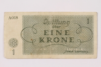1990.331.1 back
Theresienstadt ghetto-labor camp scrip, 1 krone note

Click to enlarge