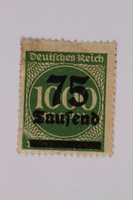 2006.265.21 front
Postage stamp, 1000 mark, issued in Germany during hyperinflation in the Weimar Republic

Click to enlarge