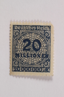 2006.265.117 front
Postage stamp, 20 mark, issued in Germany during hyperinflation in the Weimar Republic

Click to enlarge
