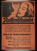 1990.41.13 front
Nazi propaganda poster advertising a special issue of "Der Stuermer" on Rassenschande [Race Pollution]

Click to enlarge