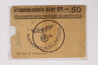2010.191.4 front
Auschwitz concentration camp scrip type 3, .50 Reichsmark, received by a Polish Jewish inmate

Click to enlarge