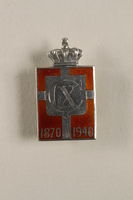 2010.417.13 front
Kingmark silver and red enamel pin with a buttonhole back commemorating the 70th birthday in 1940 of King Christian X of Denmark

Click to enlarge