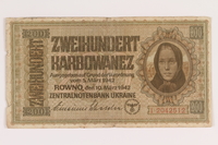 2010.443.4 front
Occupation currency note, 200 Karbowanez, issued by Nazi Germany in eastern Poland

Click to enlarge