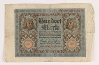 2011.259.18 front
Weimar Germany, 100 mark note, saved by German Jewish refugee

Click to enlarge