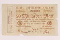 2011.259.20 front
Aachen District, 20 billion mark note, saved by German Jewish refugee

Click to enlarge