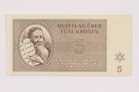 1991.181.3 front
Theresienstadt ghetto-labor camp scrip, 5 kronen note

Click to enlarge