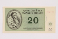 1991.181.5 front
Theresienstadt ghetto-labor camp scrip, 20 kronen note

Click to enlarge
