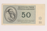 2012.168.3 front
Theresienstadt ghetto-labor camp scrip, 50 kronen note

Click to enlarge