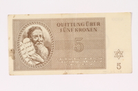 1991.216.3 front
Theresienstadt ghetto-labor camp scrip, 5 kronen note

Click to enlarge