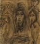 Autobiographical drawing by Halina Olomucki of a woman receiving a parcel in the Warsaw ghetto
