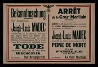 2003.189.5 front
Broadside announcing the execution of Jean-Louis Madec for sabotage in German occupied France

Click to enlarge