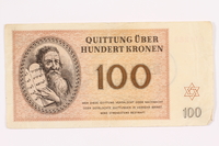 2000.587.13 front
Theresienstadt ghetto-labor camp scrip, 100 kronen note

Click to enlarge