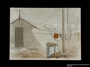 Watercolor scene of barracks and snowy mountains at Gurs internment camp made by an inmate