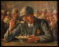 1988.182.3 front
Autobiographical oil painting by David Friedmann of a man with a Star of David badge eating in a Łódź Ghetto food hall

Click to enlarge