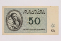 2004.684.1 front
Theresienstadt ghetto-labor camp scrip, 50 kronen note

Click to enlarge
