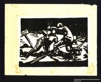 2005.181.69 front
Woodcut by Alexander Bogen of two partisans standing on a railroad track, working with a crowbar, near a sign that says “To Minsk.”

Click to enlarge