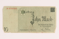 2005.450.4 back
Łódź ghetto scrip, 10 mark note, given to a survivor searching for relatives

Click to enlarge