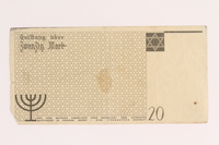 2005.450.5 front
Łódź ghetto scrip, 20 mark note, given to a survivor searching for relatives

Click to enlarge