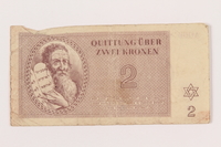 2000.500.2 front
Theresienstadt ghetto-labor camp scrip, 2 kronen note

Click to enlarge