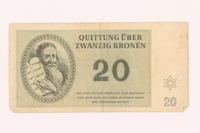 2000.500.5 front
Theresienstadt ghetto-labor camp scrip, 20 kronen note

Click to enlarge