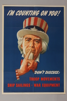 1988.42.12 front
US careless talk poster of Uncle Sam with his finger to his lips asking for silence

Click to enlarge