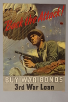 1988.42.14 front
US War Bonds poster of a paratrooper with a Thompson submachine gun at the ready

Click to enlarge