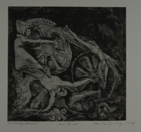 1987.92.10 front
Drypoint etching by Lea Grundig of dead bodies wrapped around tank tread

Click to enlarge