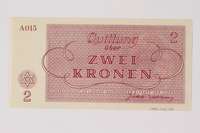 1990.92.2 back
Theresienstadt ghetto-labor camp scrip, 2 kronen note

Click to enlarge