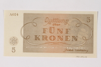 1990.92.3 back
Theresienstadt ghetto-labor camp scrip, 5 kronen note

Click to enlarge
