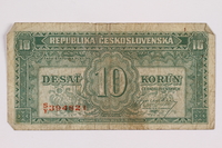 2004.323.4 front
Republic of Czechoslovakia, 10 korun note, acquired by a war crimes trials court reporter

Click to enlarge