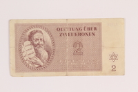 1988.136.5 back
Theresienstadt ghetto-labor camp scrip, 2 kronen note

Click to enlarge