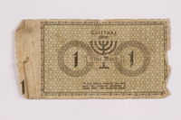 2004.521.1 front
Łódź (Litzmannstadt) ghetto scrip, 1 mark note, acquired by an inmate

Click to enlarge