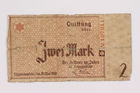 2004.521.4 back
Łódź (Litzmannstadt) ghetto scrip, 2 mark note, acquired by an inmate

Click to enlarge