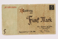 2004.521.5 front
Łódź (Litzmannstadt) ghetto scrip, 5 (funf) mark note, acquired by an inmate

Click to enlarge