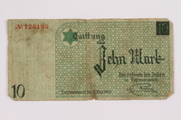 2004.521.6 front
Łódź (Litzmannstadt) ghetto scrip, 10 mark note, acquired by an inmate

Click to enlarge