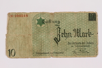 2004.521.7 front
Łódź (Litzmannstadt) ghetto scrip, 10 mark note, acquired by an inmate

Click to enlarge